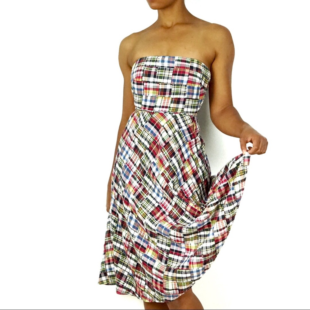 J. Crew | Strapless Plaid Patchwork Beach Dress